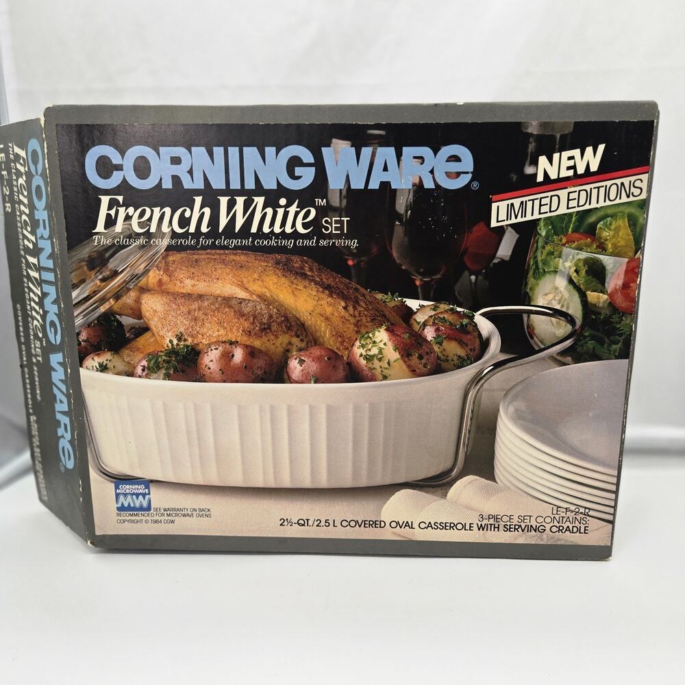Corning Ware French White Casserole 3 Piece Set 2.5 Qt w/lid & Rack Sealed VTG